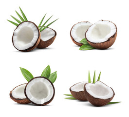 Coconuts and green leaves isolated on white, set