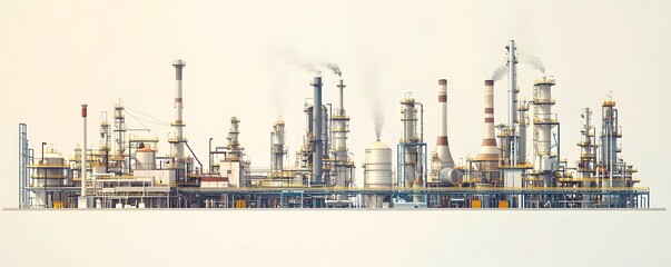 Obraz premium A panoramic view of a modern oil refinery showcasing towering structures and intricate design against a muted backdrop.