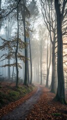 Obraz premium Misty Forest Path Autumnal Woodland Scene with Fog and Fallen Leaves