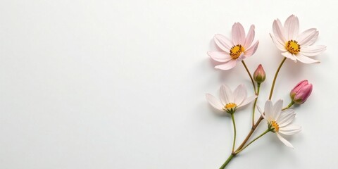 Fototapeta premium Delicate Pink Cosmos Flowers on White Background A Simple Floral Arrangement Featuring Soft Pastel Blooms and Buds