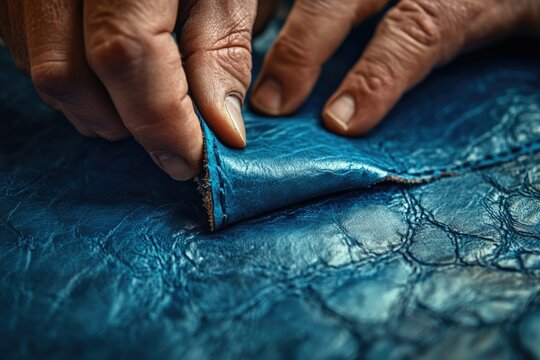 Close-up of hands inspecting the texture and quality of rich blue leather.