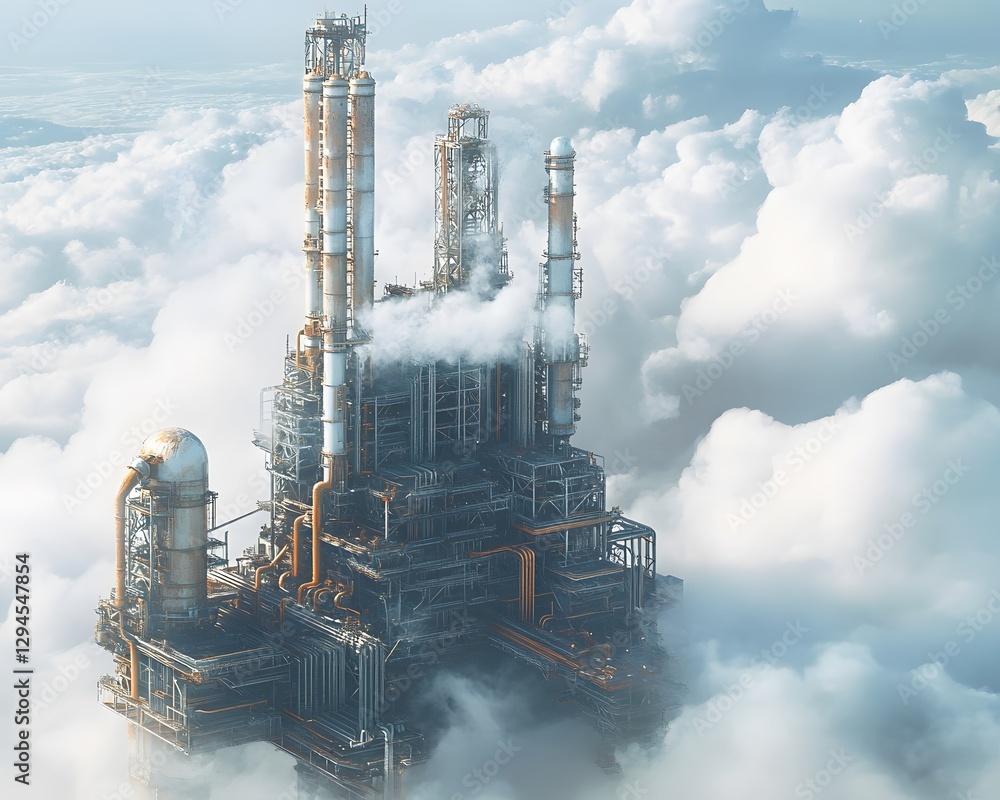 Poster a towering industrial complex rises above the clouds, symbolizing modern engineering and innovation 