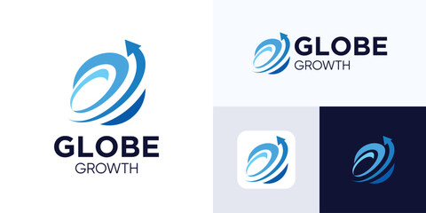 Globe logo icon design with arrow sign, Sphere vector illustration, Global growth business or logistics, Symbol planet or astrology for marketing, technology, finance, innovation and identity company