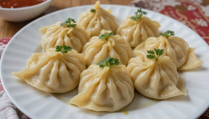 A plate of dumplings with parsley on top