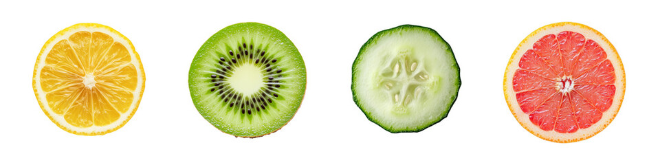 Slice of Lemon, Kiwi, Cucumber and grapefruit, isolated on white background. Isolated, transparent, png.	
