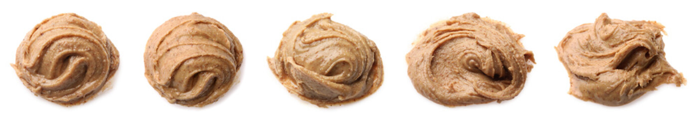 Yummy nut butter. Samples isolated on white, set