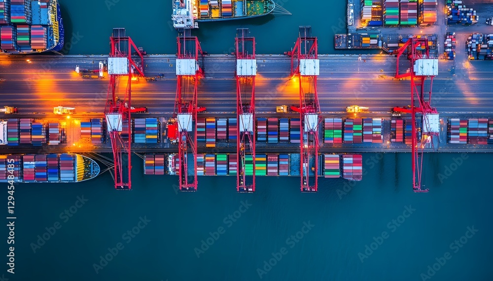 Poster aerial view of a busy shipping port with colorful containers and cranes illuminated at dusk.
