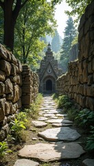 Naklejka premium Scenic pathway leading to an ancient stone chapel surrounded by lush greenery