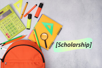 Scholarship. Flat lay composition with backpack and different school stationery on light grey table