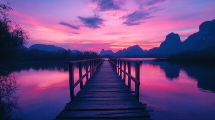 Inverted image of romantic sunset sky and wooden bridge at pond with mountain background. Fantastic vivid twilight at Sam Roi Yod National Park, Prachuap Khirikhan, Thailand. Inverted Image.