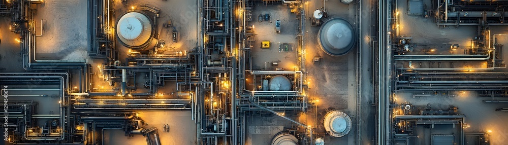Poster aerial view of an industrial complex with complex pipelines and illuminated storage tanks at night, 