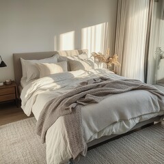 A bedroom showing a bed with a comfy minimalist aesthetic