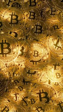 Loop 3d animation with crypto coins background with chaotic rotating bitcoins
