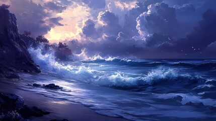 Fototapeta premium Waves crash on a serene shore at sunset.