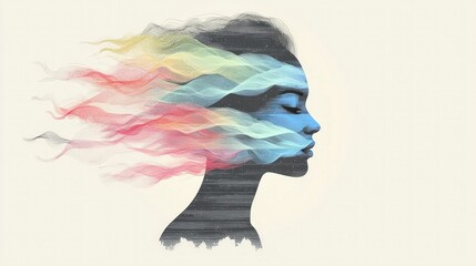 Serene Woman with Colorful Flowing Hair  AI Art  Abstract Portrait