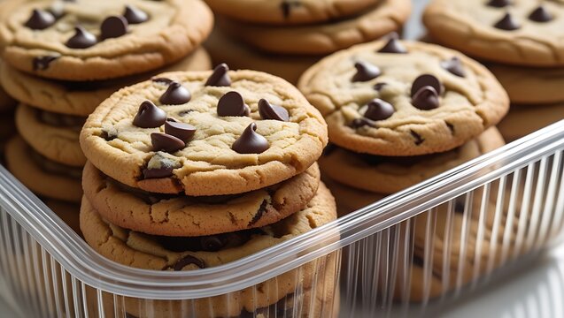 Freshly Baked Chocolate Chip Cookies in Plastic Container