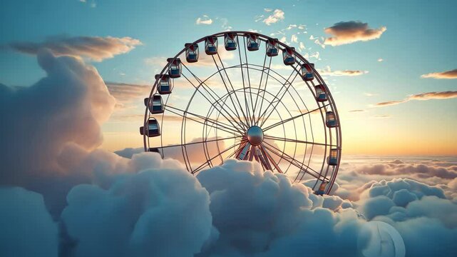 A Ferris wheel of white clouds, white clouds and cotton, soft, surrounded by clouds and mist at the top