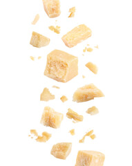 Delicious parmesan cheese pieces falling on white background