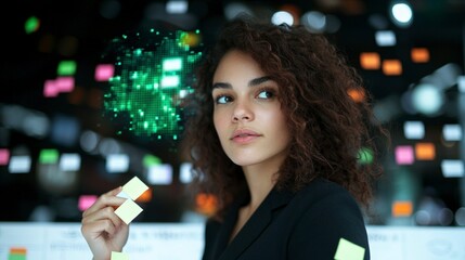 Naklejka premium Focused Businesswoman Analyzing Data AI Insights Sticky Notes Strategy