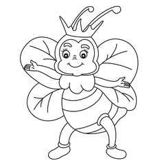 Cute cartoon hand drawn vector queen bee coloring page.