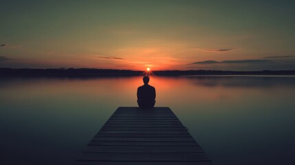 A solitary figure sits on a dock, silhouetted by a breathtaking sunset over still waters, reflecting a moment of introspection and peace.