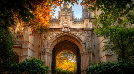 Obraz premium A close-up of the architectural details of a historic building framed by vibrant autumn foliage