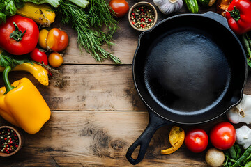
Photo of an empty cast-iron pan surrounded by colorful vegetables and cooking utensils on a rustic wooden table