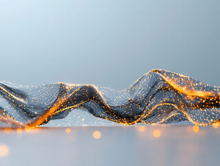 Abstract digital waves with glowing orange particles on light background