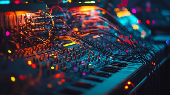 A vibrant assembly of cables and synthesizers buzz with energy amid a glow of colored lights, echoing creativity in music production.