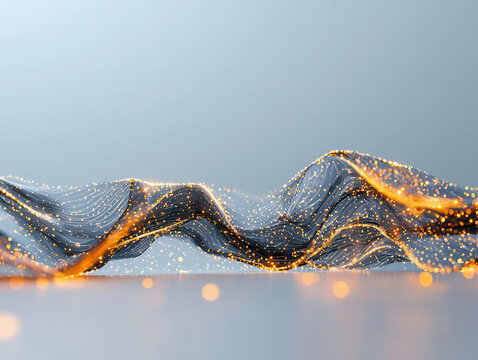Abstract digital waves with glowing orange particles on light background