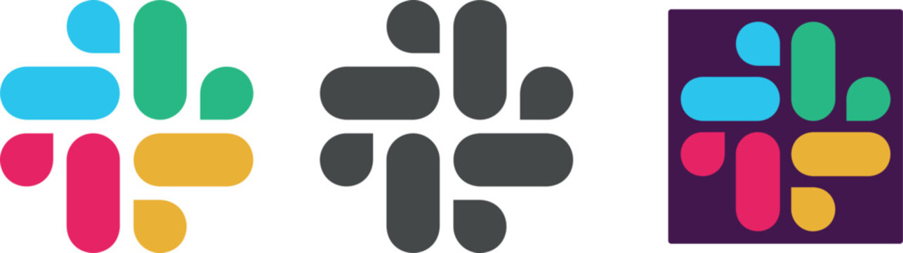 A set of Slack logos in various styles, representing the communication and collaboration platform widely used for team messaging.