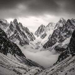 Obraz premium Majestic Peaks: A breathtaking monochromatic shot capturing the raw, imposing beauty of towering mountain peaks, enveloped in mist, under a dramatic, overcast sky.