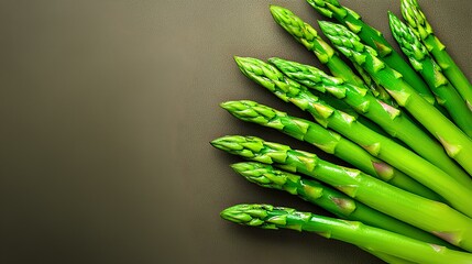 Fresh green asparagus placed on a minimalistic gray surface, ideal for healthy food advertisements. Copy space.