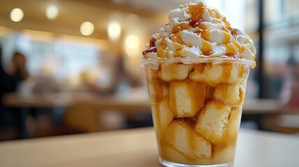 Fototapeta premium Caramel custard dessert in a cup, cafe setting, blurred background, sweet treat