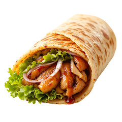 Paratha roll chicken wrap stuffed with grilled chicken and vegetables, Indian and Pakistani street food, spicy wrap with onion, lettuce and sauce