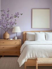 A bedroom features a bed with a lamp and artwork display