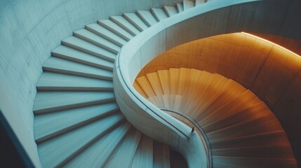 Obraz premium Light wood gracefully forms a spiraling staircase with soft curves and minimal railings. The design emphasizes simplicity and elegance, creating a calm atmosphere