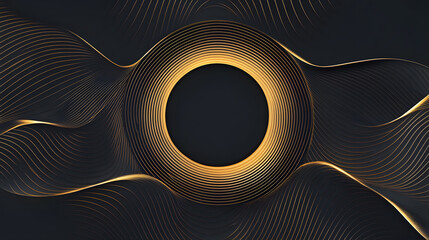 Black background with golden lines, circular shape in the middle of a black and gold gradient

