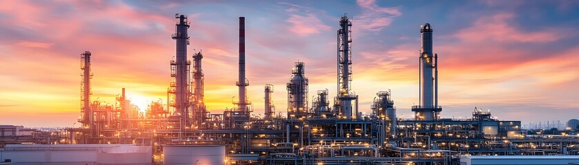 Obraz premium An industrial landscape at sunset, featuring towering oil refinery structures against a vibrant sky, showcasing modern engineering.