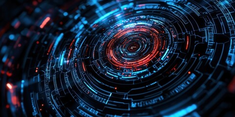 Obraz premium Glowing cybernetic circuitry forming an infinite spiral, AI deep-learning visualization, futuristic abstract sci-fi aesthetic