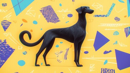 AI Art  Sleek Black Dog  Geometric Background  Abstract Shapes  Vibrant Colors