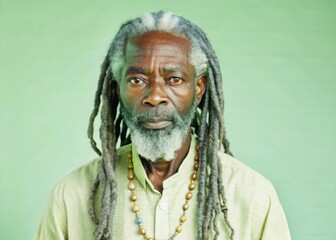Elderly black man with silver dreadlocks posing with beaded necklace studio portrait soft lighting close-up view celebrating wisdom and heritage