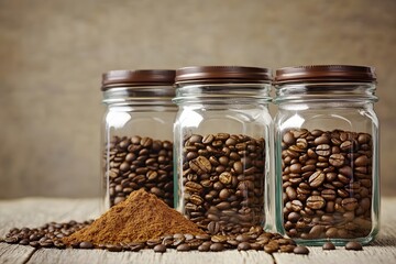 Three Glass Jars of Roasted Coffee Beans and Ground Coffee