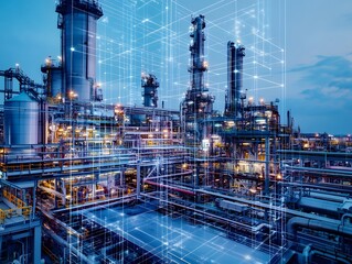 An innovative industrial landscape showcasing advanced technology and processes, bustling with activity during twilight hours.