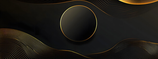 Black background with golden lines, circular shape in the middle of a black and gold gradient
