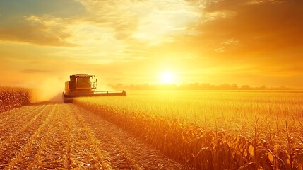 Fototapeta premium A wide field of corn being harvested by a combine under a setting sun 