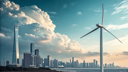 Obraz premium Modern City Skyline with Wind Turbine Sustainable Urban Design Aesthetics