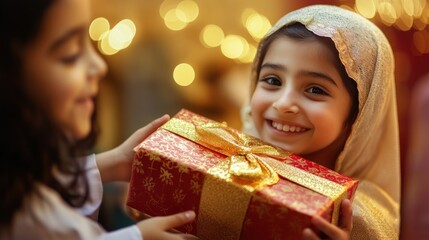 Two children celebrating Eid, one child receiving a red and gold wrapped gift with a golden bow