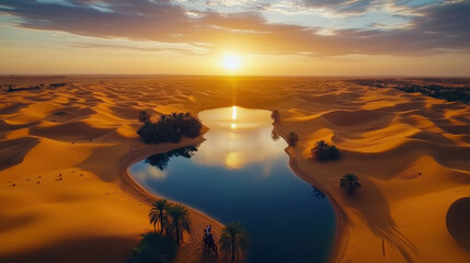 Stunning desert oasis at sunset with reflective water and dunes in tranquil landscape