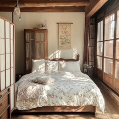 The beautifully decorated room features a cozy bed and window